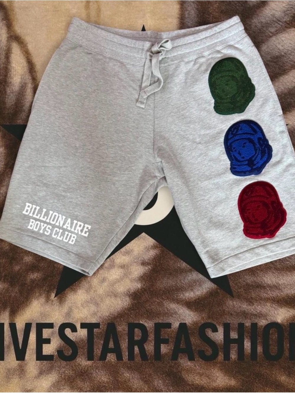 Billionaire Boys Club Gray Shorts with Green, Blue & Red Helmet Patches